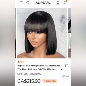 Alipearl Hair Straight Hair 360 Frontal Full Lace Bob Wig 12Inches- BRAND NEW